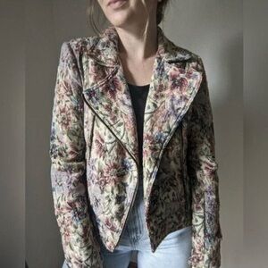 Free People Floral Tapestry Moto Jacket Size 10 - Multicolor/Cream/Pink/Tan